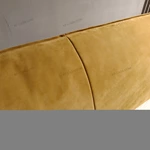 Warm Yellow Suede Upholstered Bed with Minimalist Half-Slat Back Panel & Skirted Base